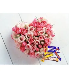 36 Pink Roses Heart with Cadbury Chocolates