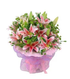 9 pink lilies, with green leaves, pink circular packaging to philippines