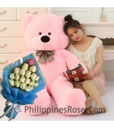 5 feet giant bear with white rose bouquet to philippines