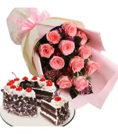 1 dozen roses with black forest cake