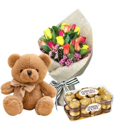 12 Red Roses Bouquet,Ferrero Chocolate Box with Bear Send to Philippines