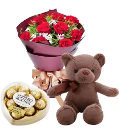 6 Mixed Roses in Box,Ferrero Box with Bear Send to Philippines