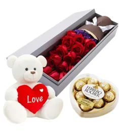 12 Red Roses Bouquet,Cadbury Chocolate w/ Bear Send to Philippines