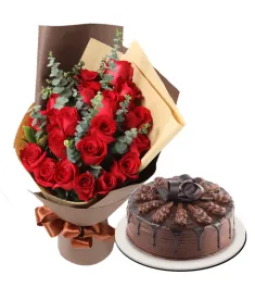 12 red rose with chocolate cake