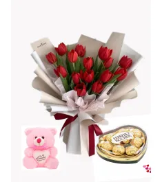 12 Red Roses Bouquet,Ferrero Chocolate with Bear Send to Philippines