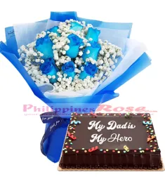 12 Blue Roses with Chocolate dedication cake by red ribbon