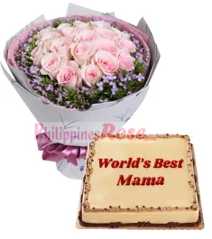 12 Pink Roses in Bouquet with Mocha Dedication Cake