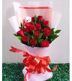 12 Red Roses with FREE Mini Bear