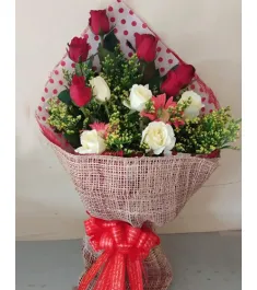 12 Red and White Roses in a Bouquet