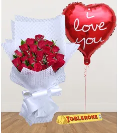 24 Red Roses with Chocolate and Balloon