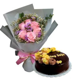 6 Pink Roses with Chocolate Message Cake By Max's