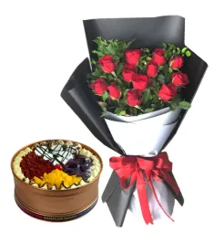 One Dozen Roses with Sampler Can Cake