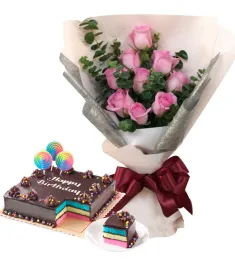 9 Pcs Pink Roses with Rainbow Dedication Cake By Red Ribbon