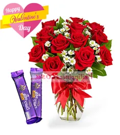 12 Red Roses in a vase with 2pcs Cadbury Cashew & Cookies 30g bar