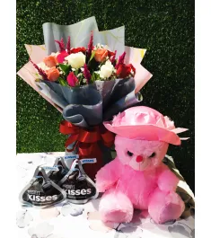 12 Mixed Roses with Chocolate and Teddy Bear