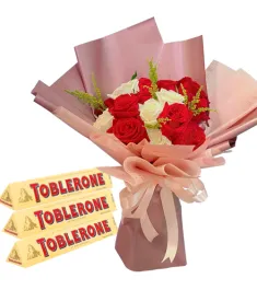 A Dozen of Mixed Roses with Toblerone Yellow Chocolates