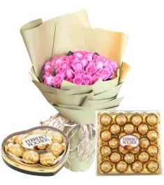 24 pink roses with chocolate box