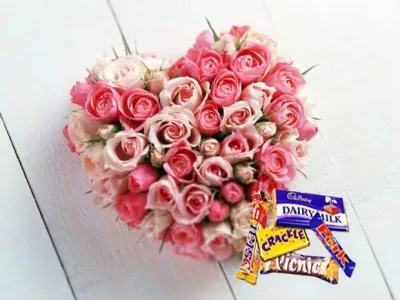 36 Pink Roses Heart with Cadbury Chocolates