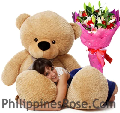 5 feet giant bear with mix flower bouquet