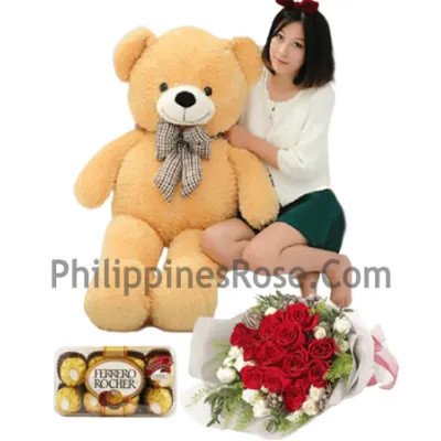 4 ft bear with rose bouquet and ferrero chocolate to philippines