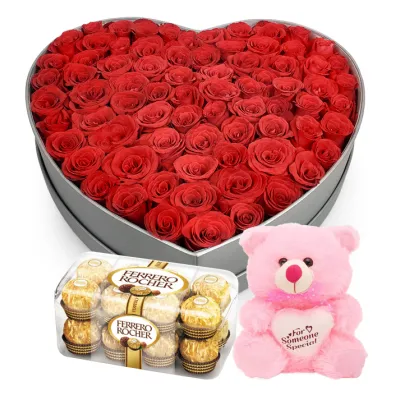 50 Red Heart Shape Roses,Ferrero Chocolate with Pink Bear to Philippines