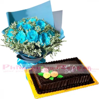 Father's Day Light Blue Roses Choco Chiffon Cake