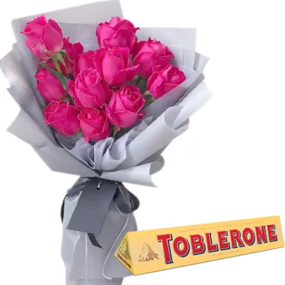 Dozen of Pink Roses with Chocolate Box