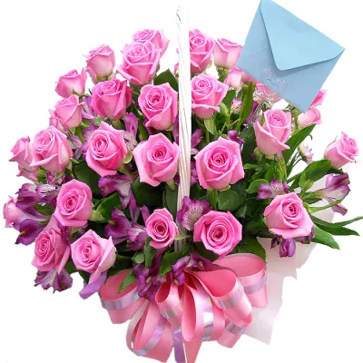 24 Pink Roses in Basket