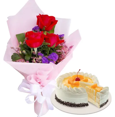 3 pcs Roses with Peach Mango Symphony Cake By Red Ribbon