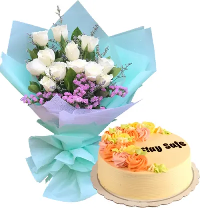 12 White Roses with Vanilla Message Cake By Max's