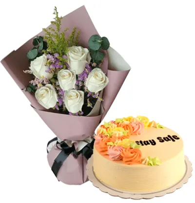 6 White Roses with Vanilla Message Cake By Max's