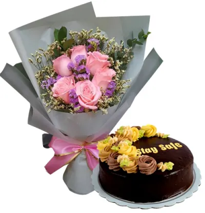 6 Pink Roses with Chocolate Message Cake By Max's