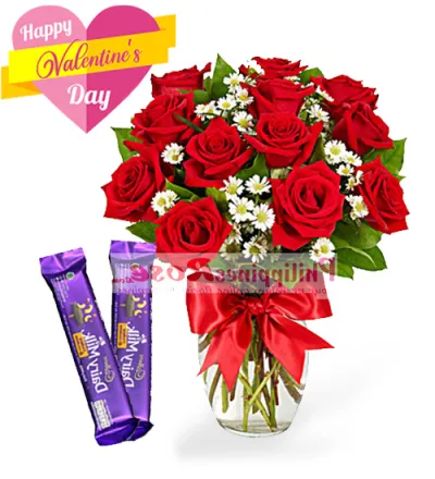 12 Red Roses in a vase with 2pcs Cadbury Cashew & Cookies 30g bar