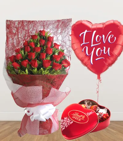 24 Red Roses with Chocolate and Balloon