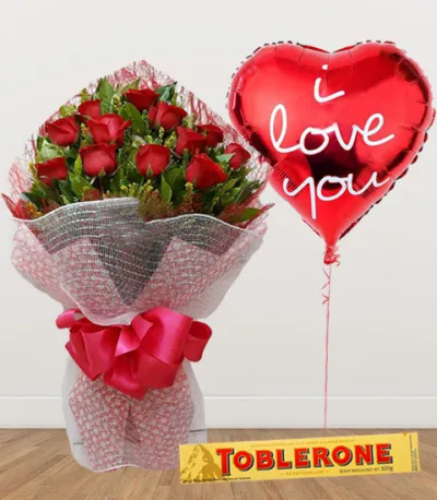 12 Red Roses with Chocolate and Balloon