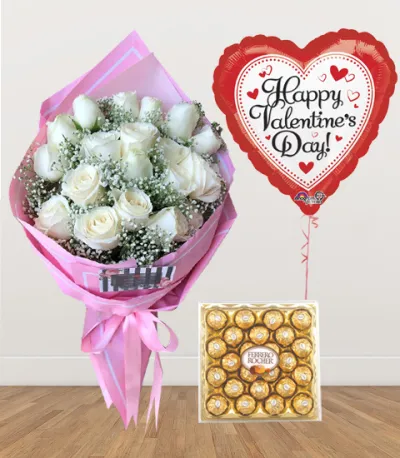 12 White Roses with Chocolate and Balloon