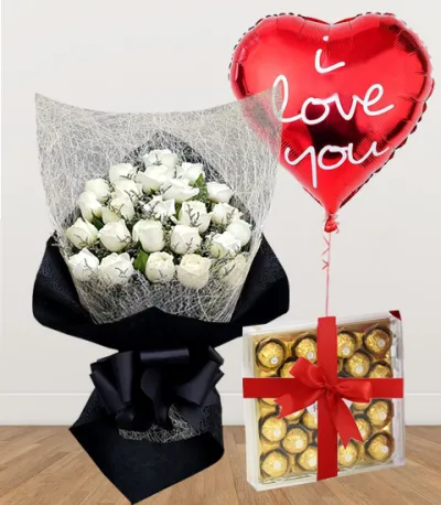 24 White Roses with Chocolate and Balloon