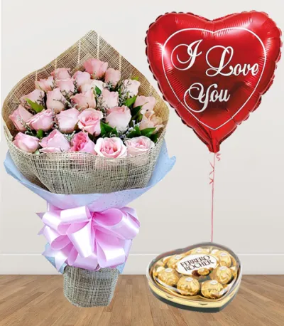 24 Pink Roses with Chocolate and Balloon