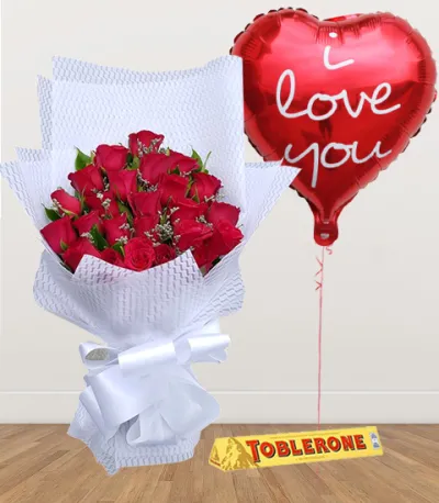 24 Red Roses with Chocolate and Balloon