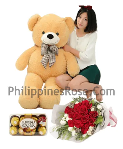 4 ft bear with rose bouquet and ferrero chocolate to philippines