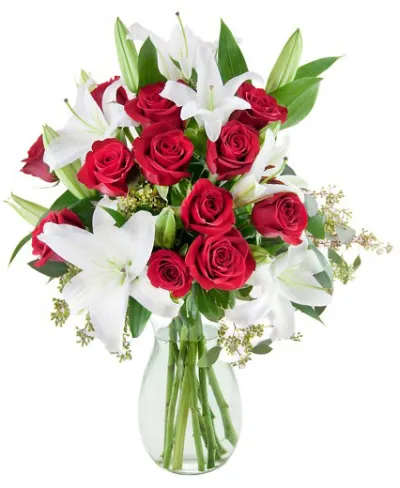 red roses with white lilies in vase to philippines