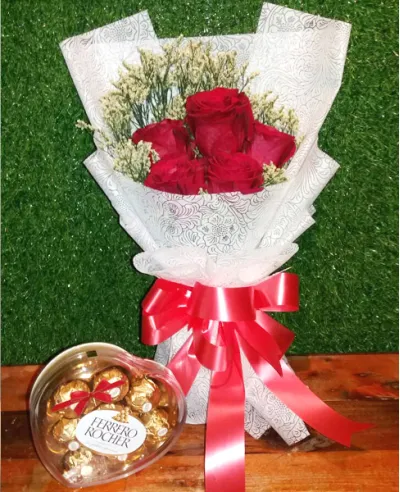 Five Red Roses in a bouquet with Ferrero Rocher Heart Shaped Chocolates Box