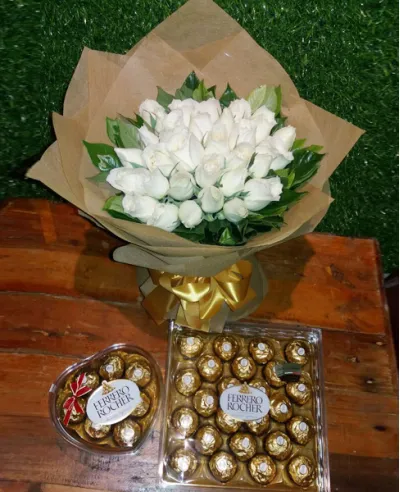 24 White Roses Bouquet with Chocolates Box