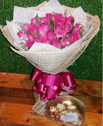 Two Dozen Pink Roses with Ferrero Rocher