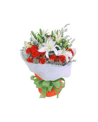 16 Red Roses with 3 White lilies