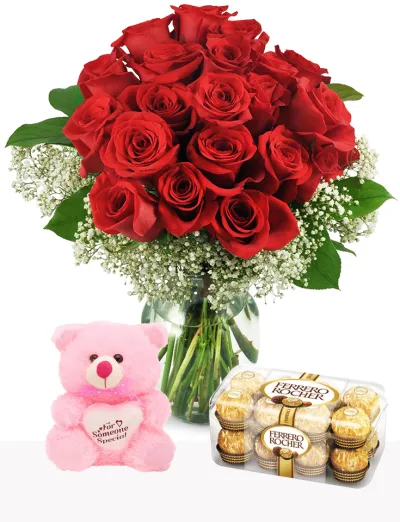 24 Red Roses Vase,Toblerone Chocolate with Bear Send to Philippines