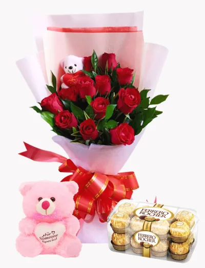 12 Red Roses Bouquet with 2 Mini Bear,Ferrero Heart Shape Box to philippines