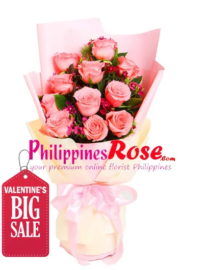 12 Pink Color Roses in Bouquet