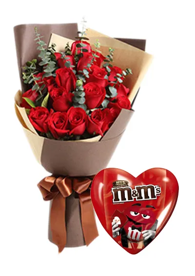 12 Red Roses witha box of m&m milk chocolate 43.5g